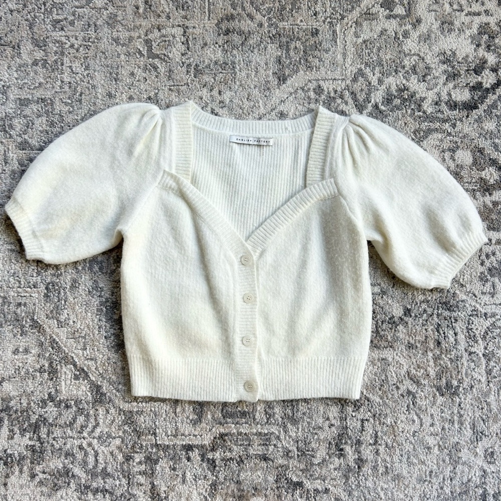 English Factory puff sleeve crop cardigan - size small - cream - wool blend